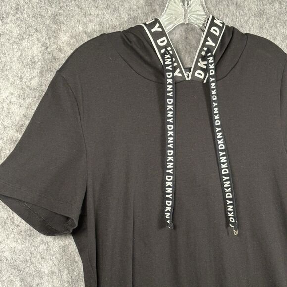 DKNY Athleisure Black Hooded Logo A Line Dress Sz Med Stretch Knit Short Sleeve - Picture 2 of 11